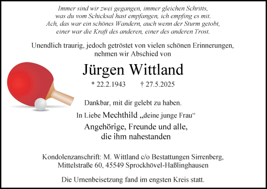 Traueranzeige von Jürgen Wittland von Tageszeitung