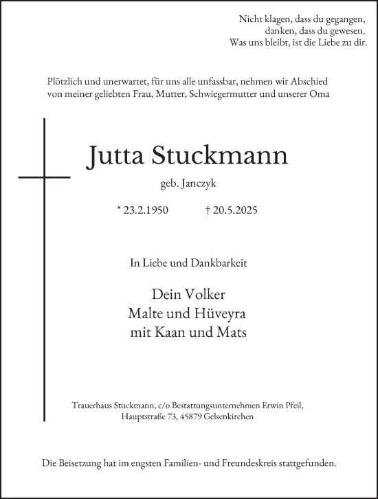 Traueranzeige von Jutta Stuckmann von Tageszeitung