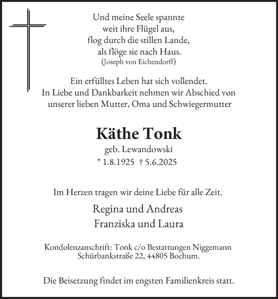 Traueranzeige von Käthe Tonk von Tageszeitung