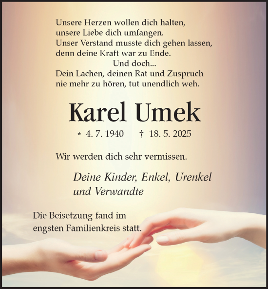 Traueranzeige von Karel Umek von Tageszeitung