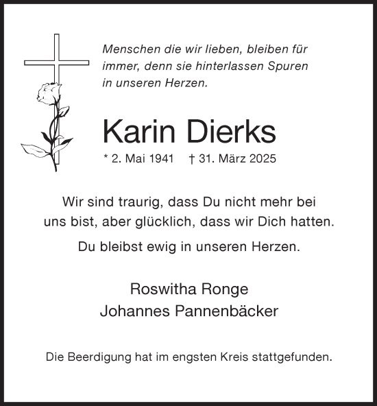 Traueranzeige von Karin Dierks von Tageszeitung