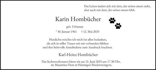 Traueranzeige von Karin Hombücher von Tageszeitung