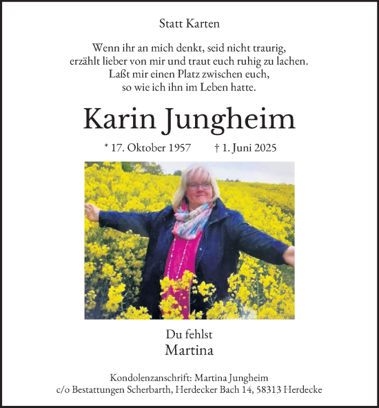 Traueranzeige von Karin Jungheim von Tageszeitung