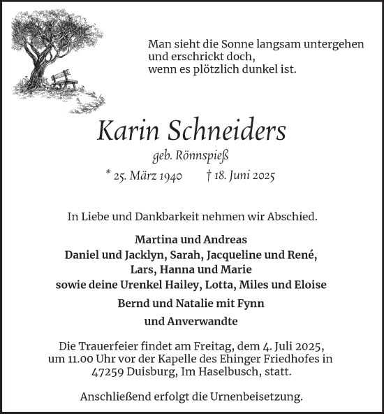 Traueranzeige von Karin Schneiders von Tageszeitung