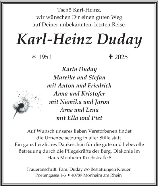 Traueranzeige von Karl-Heinz Duday von Tageszeitung