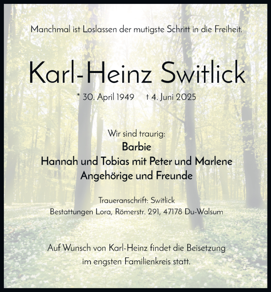 Traueranzeige von Karl-Heinz Switlick von Tageszeitung