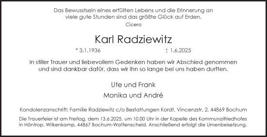 Traueranzeige von Karl Radziewitz von Tageszeitung