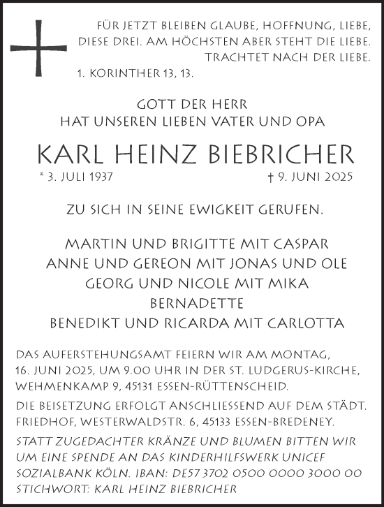 Traueranzeige von Karl Heinz Biebricher von Tageszeitung