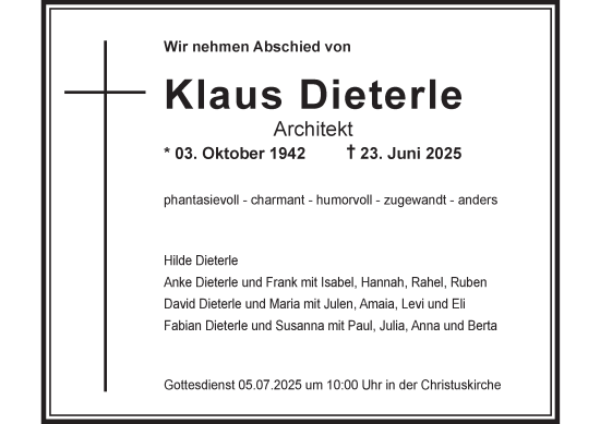 Traueranzeige von Klaus Dieterle von Tageszeitung