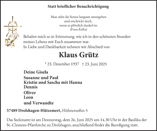 Traueranzeige von Klaus Grütz von Tageszeitung