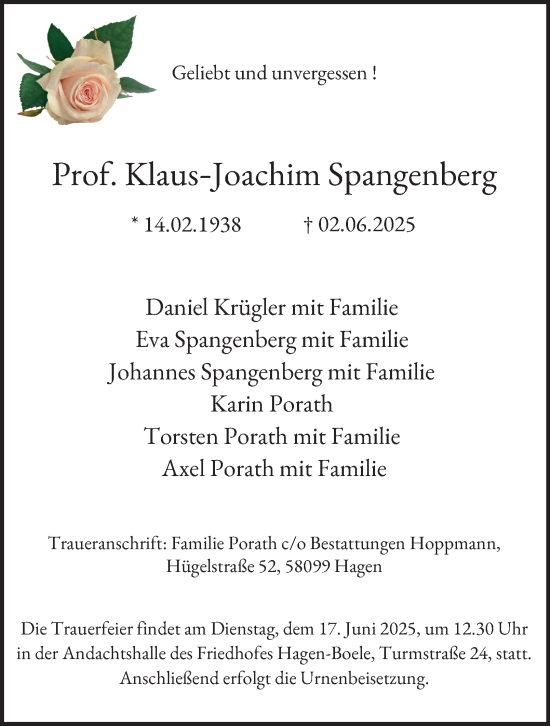 Traueranzeige von Klaus-Joachim Spangenberg von Tageszeitung