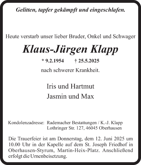 Traueranzeige von Klaus-Jürgen Klapp von Tageszeitung