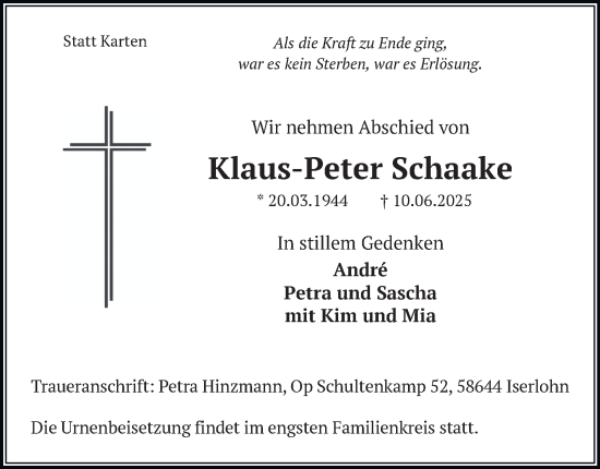 Traueranzeige von Klaus-Peter Schaake von Tageszeitung