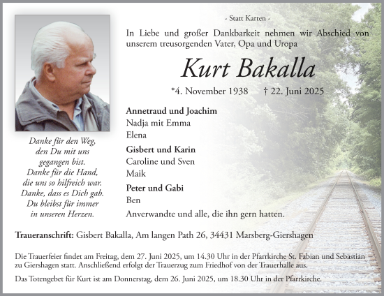 Traueranzeige von Kurt Bakalla von Tageszeitung