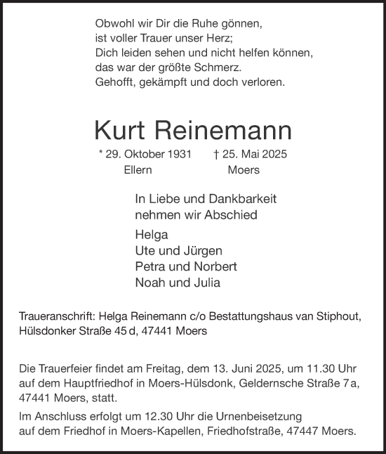 Traueranzeige von Kurt Reinemann von Tageszeitung