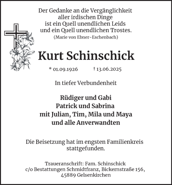 Traueranzeige von Kurt Schinschick von Tageszeitung