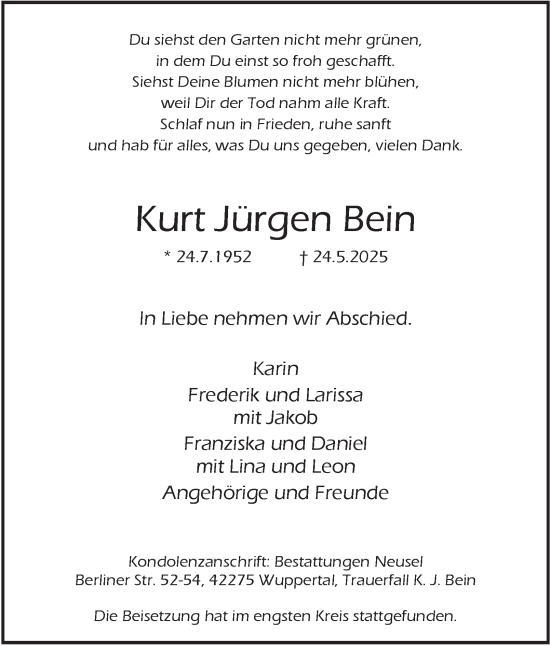 Traueranzeige von Kurt Jürgen Bein von Tageszeitung