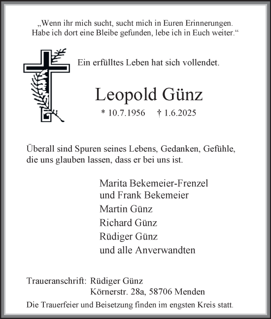 Traueranzeige von Leopold Günz von Tageszeitung