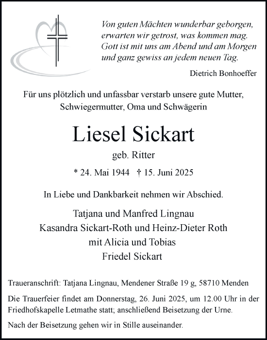 Traueranzeige von Liesel Sickart von Tageszeitung