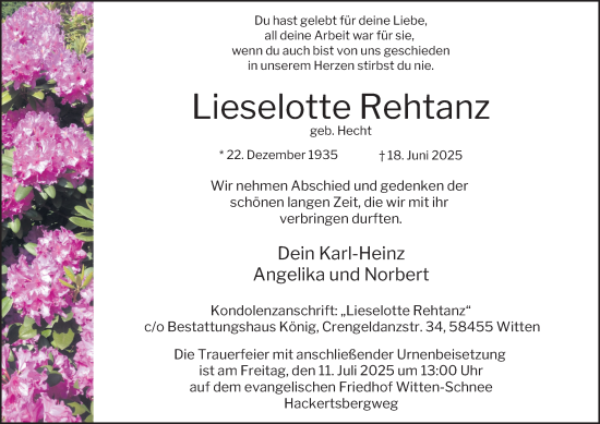 Traueranzeige von Lieselotte Rehtanz von Tageszeitung