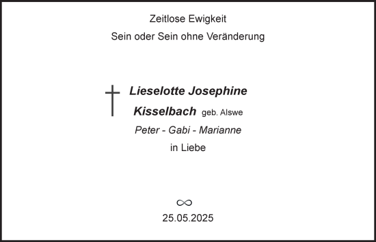 Traueranzeige von Lieselotte Josephine Kisselbach von Tageszeitung