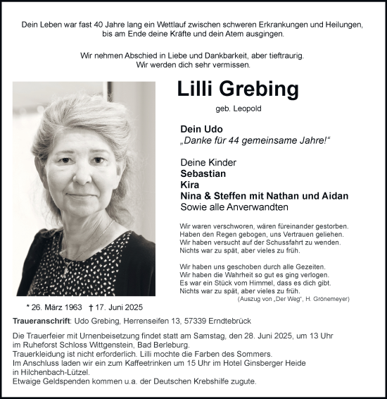 Traueranzeige von Lilli Grebing von Tageszeitung
