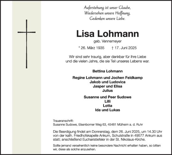 Traueranzeige von Lisa Lohmann von Tageszeitung