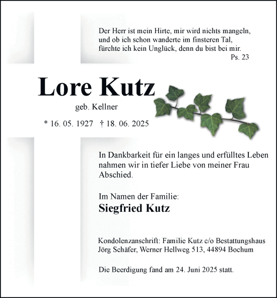 Traueranzeige von Lore Kutz von Tageszeitung