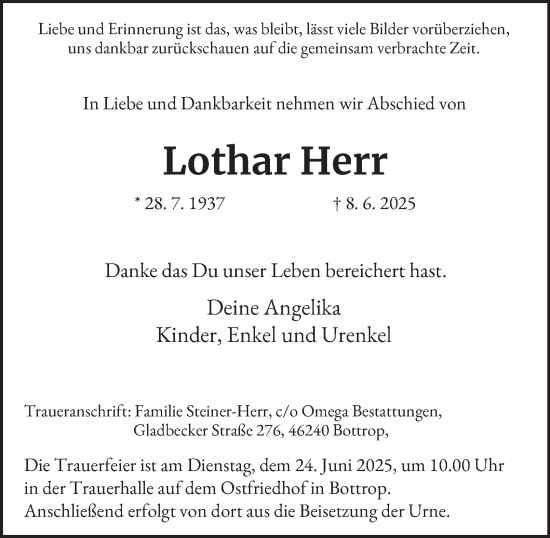 Traueranzeige von Lothar Herr von Tageszeitung