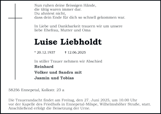 Traueranzeige von Luise Liebholdt von Tageszeitung