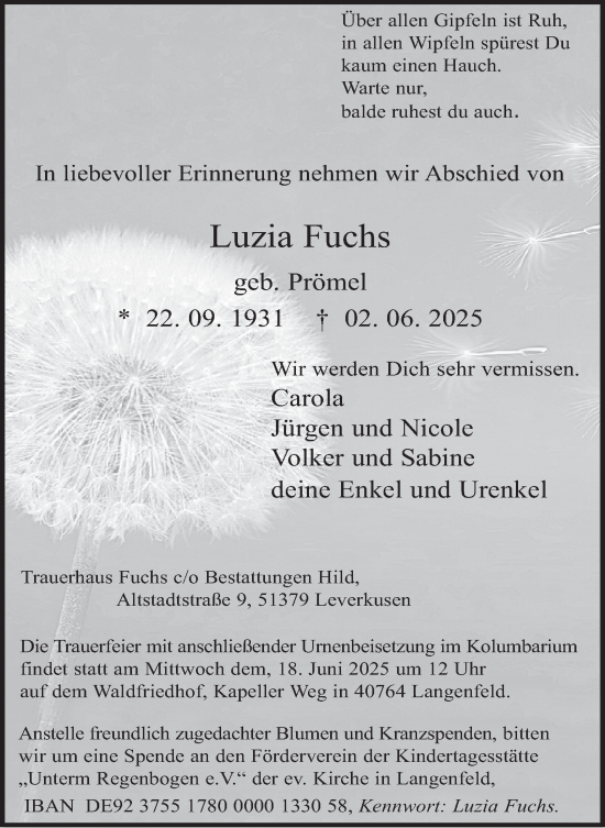Traueranzeige von Luzia Fuchs von Tageszeitung