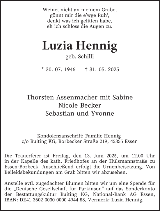 Traueranzeige von Luzia Hennig von Tageszeitung