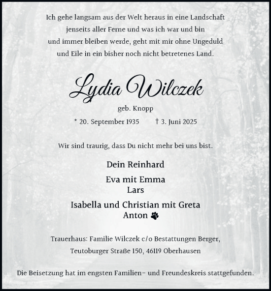 Traueranzeige von Lydia Wilczek von Tageszeitung