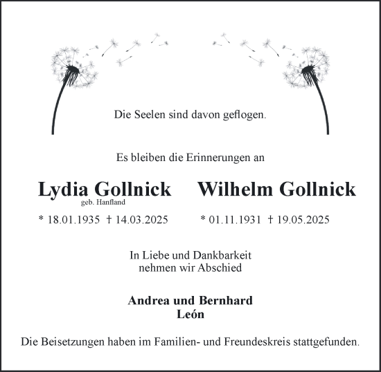 Traueranzeige von Lydia und Wilhelm Gollnick von Tageszeitung