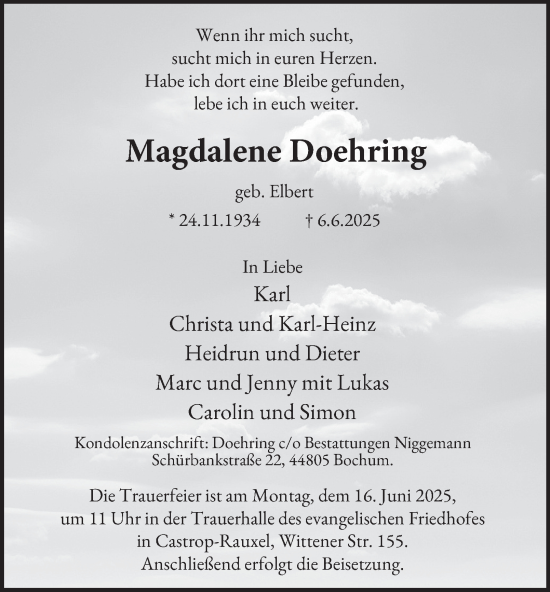 Traueranzeige von Magdalene Doehring von Tageszeitung