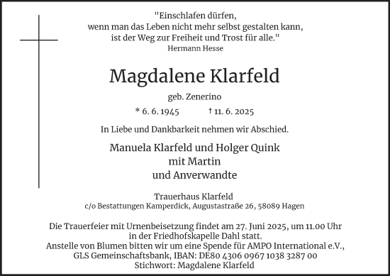 Traueranzeige von Magdalene Klarfeld von Tageszeitung