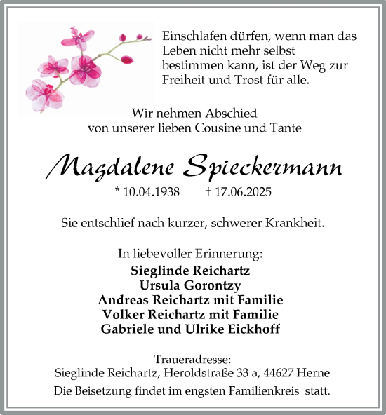 Traueranzeige von Magdalene Spieckermann von Tageszeitung