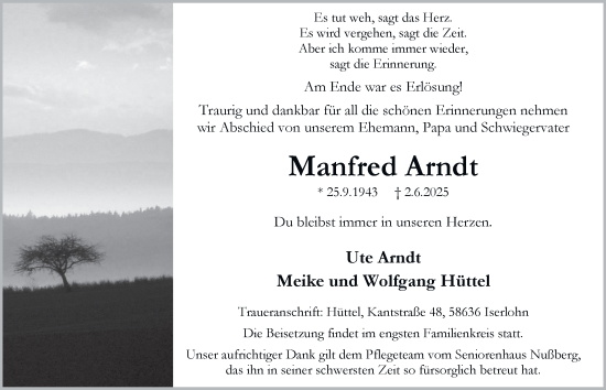 Traueranzeige von Manfred Arndt von Tageszeitung