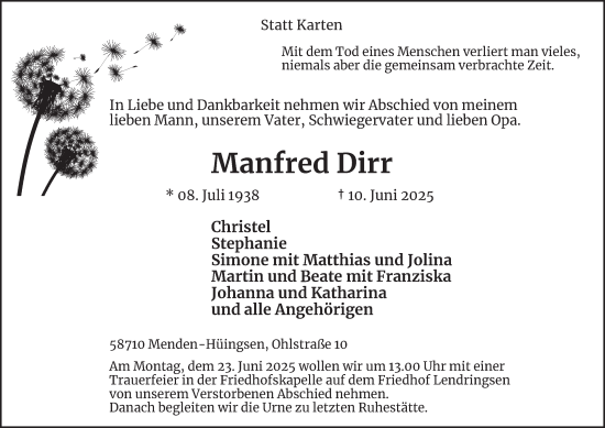Traueranzeige von Manfred Dirr von Tageszeitung