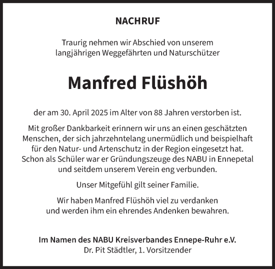 Traueranzeige von Manfred Flüshöh von Tageszeitung