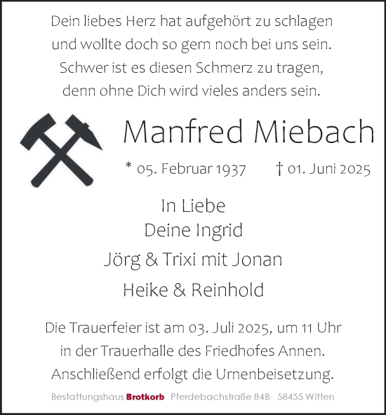 Traueranzeige von Manfred Miebach von Tageszeitung