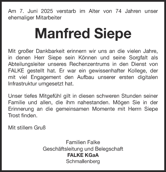 Traueranzeige von Manfred Siepe von Tageszeitung