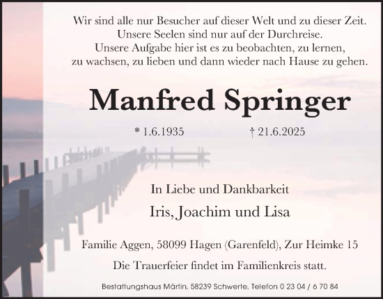 Traueranzeige von Manfred Springer von Tageszeitung