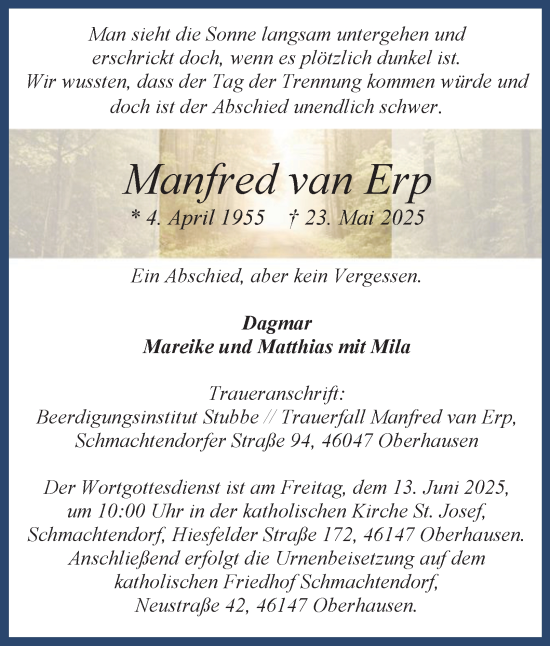Traueranzeige von Manfred van Erp von Tageszeitung