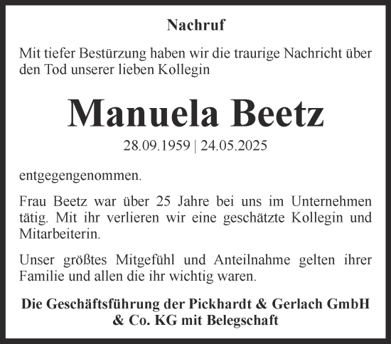 Traueranzeige von Manuela Beetz von Tageszeitung