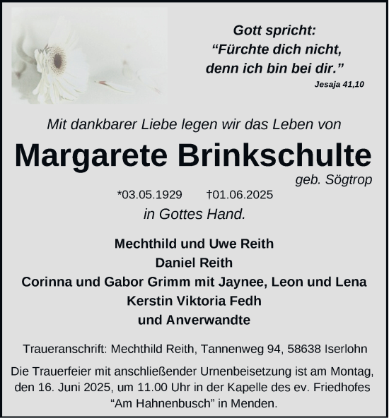 Traueranzeige von Margarete Brinkschulte von Tageszeitung