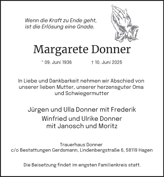 Traueranzeige von Margarete Donner von Tageszeitung
