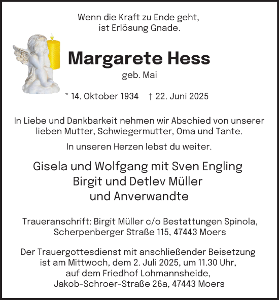 Traueranzeige von Margarete Hess von Tageszeitung