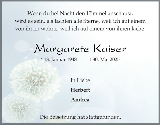 Traueranzeige von Margarete Kaiser von Tageszeitung