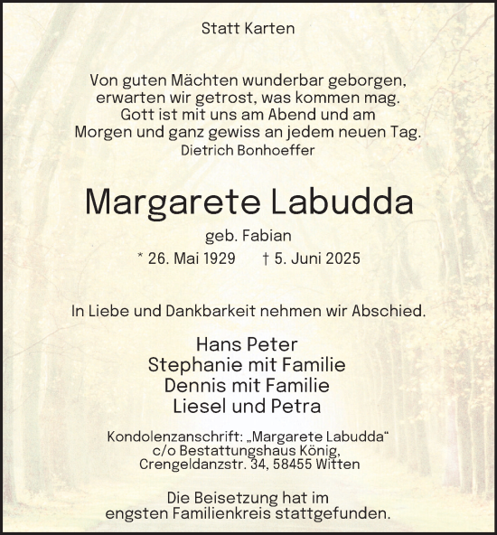 Traueranzeige von Margarete Labudda von Tageszeitung